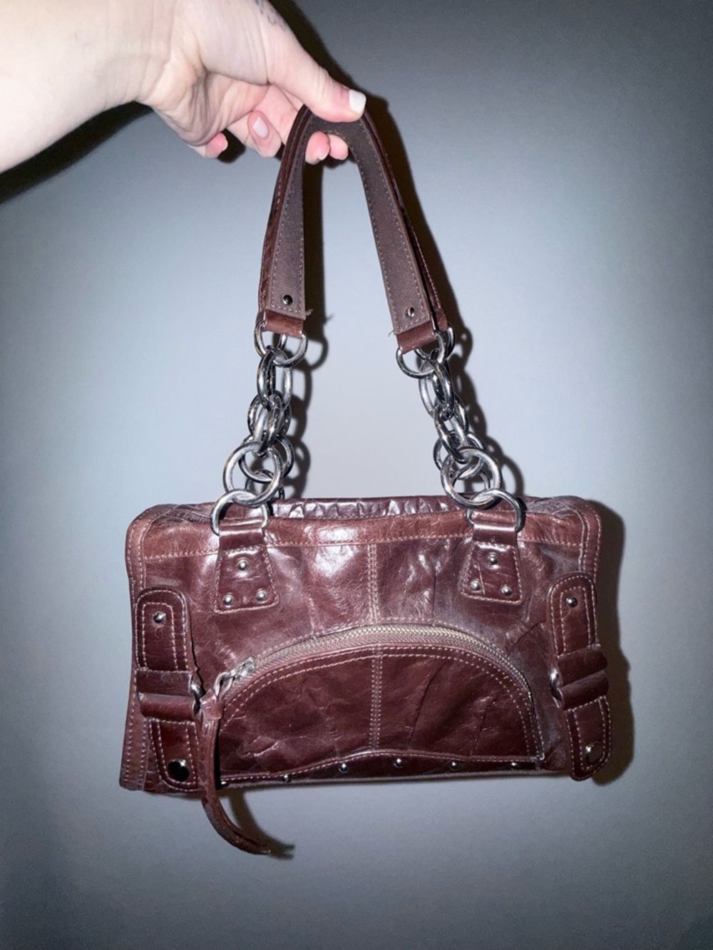 RARE VINTAGE Franco Sarto Brown Leather Shoulder Bag with Chain Handles